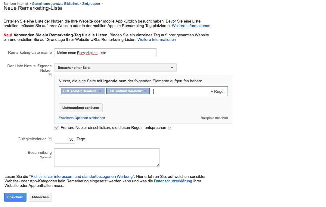 Remarketing Liste anlegen