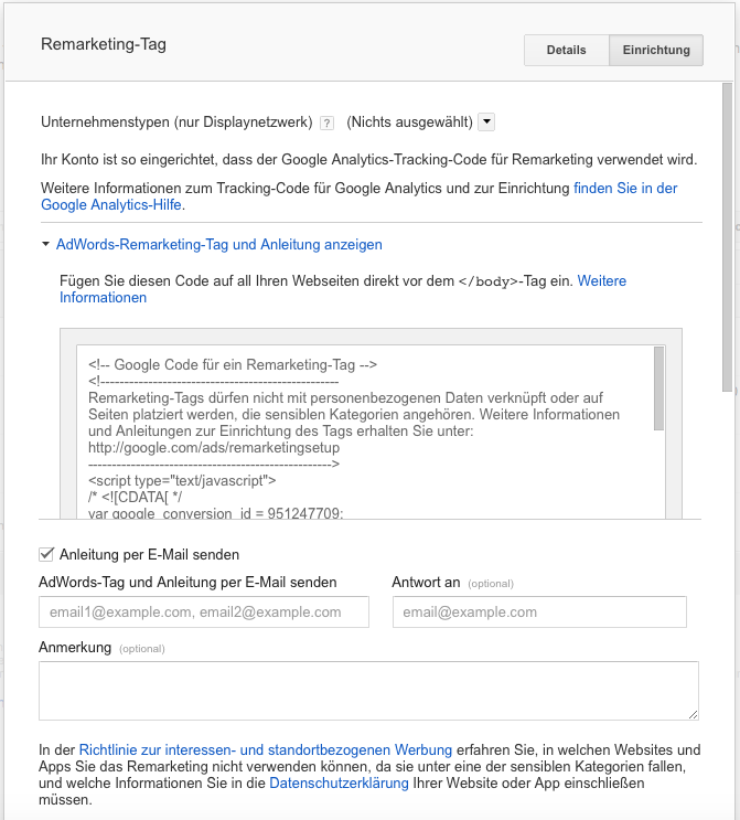Remarketing Tag abrufen